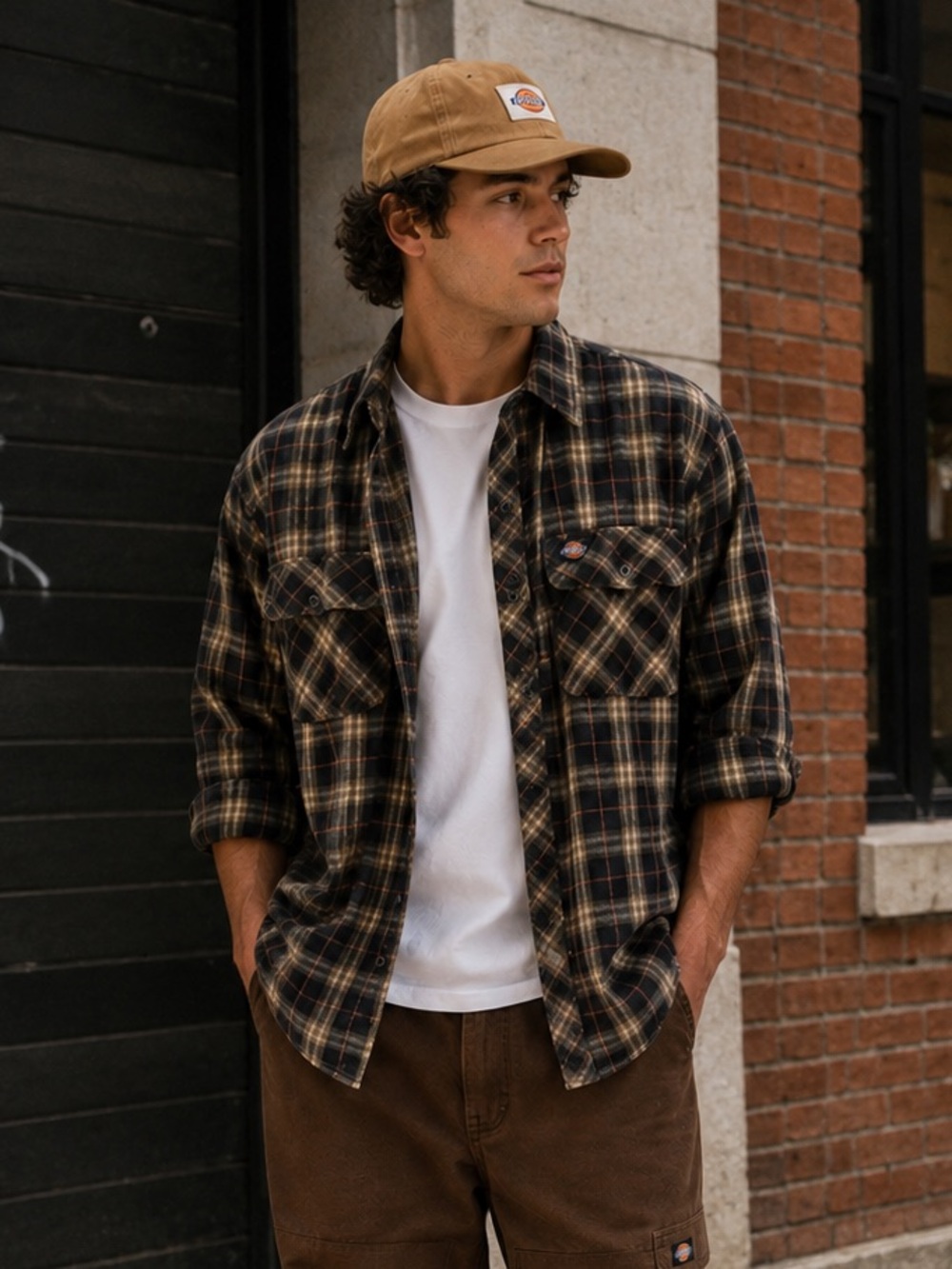 Dickies Plaid Flannel Snap Shirt Men’s M Brown Tan Workwear Grunge Cabine Fall